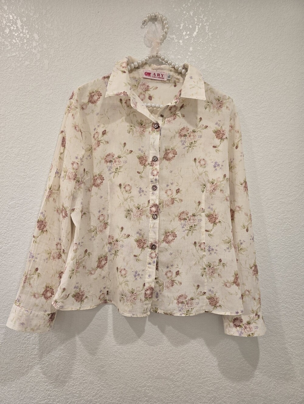 Vintage long-sleeve button-up shirt floral print Cotton XL